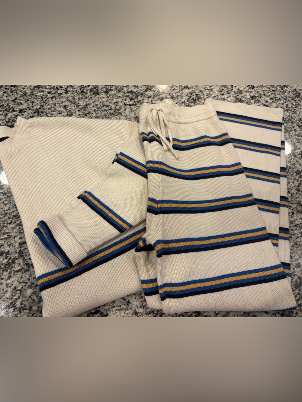 Women’s Cream Knit Crewneck Sweater outfit with Blue & Gold Stripes